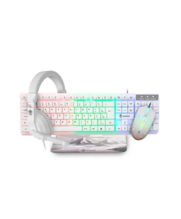 Kit Gamer Evolut Starter com Teclado, Mouse, Headset e Mousepad, LED Rainbow, ABNT2, 1600 DPI, Driver 40mm, Branco - EG55