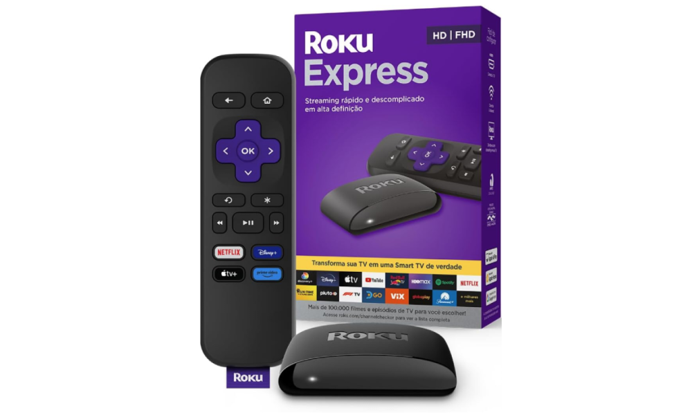 Roku Express TV HD/Full HD com Cabo HDMI, Controle Remoto, Wi-Fi