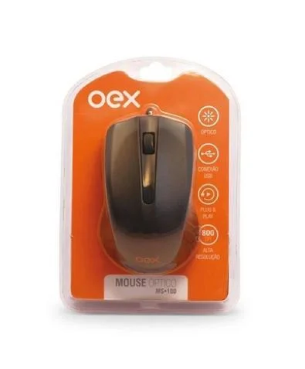 Mouse com Fio Oex MS100, USB, Ergonômico Ambidestro, Preto