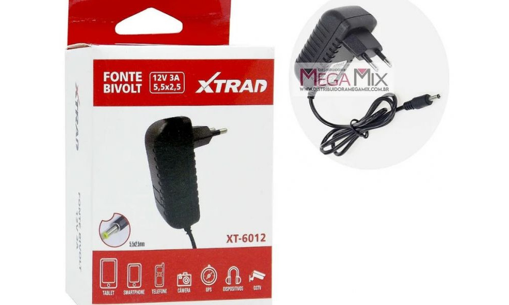 Fonte de Alimentação Bivolt 5,5x2,5 3A/12V XT-6012 - XTRAD