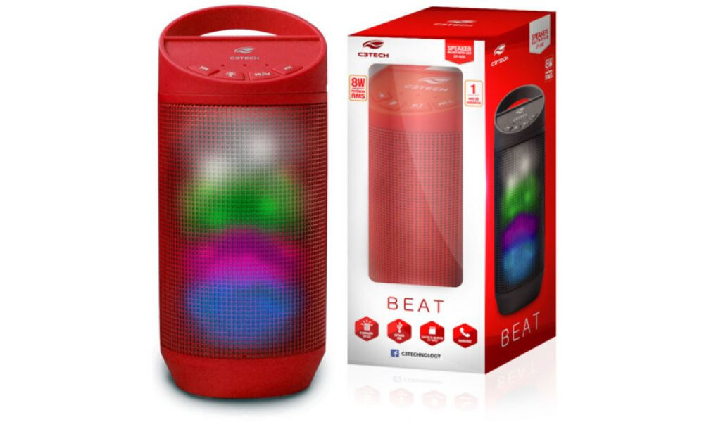 Caixa de Som C3TECH Beat Bluetooth Led Portatil 8w RMS Vermelho - SP-B50RD