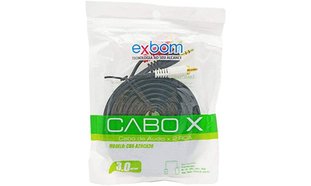 Cabo P2 x 2 RCA Áudio Estéreo Pontas Douradas 3 Mt CBX-A2RCA30