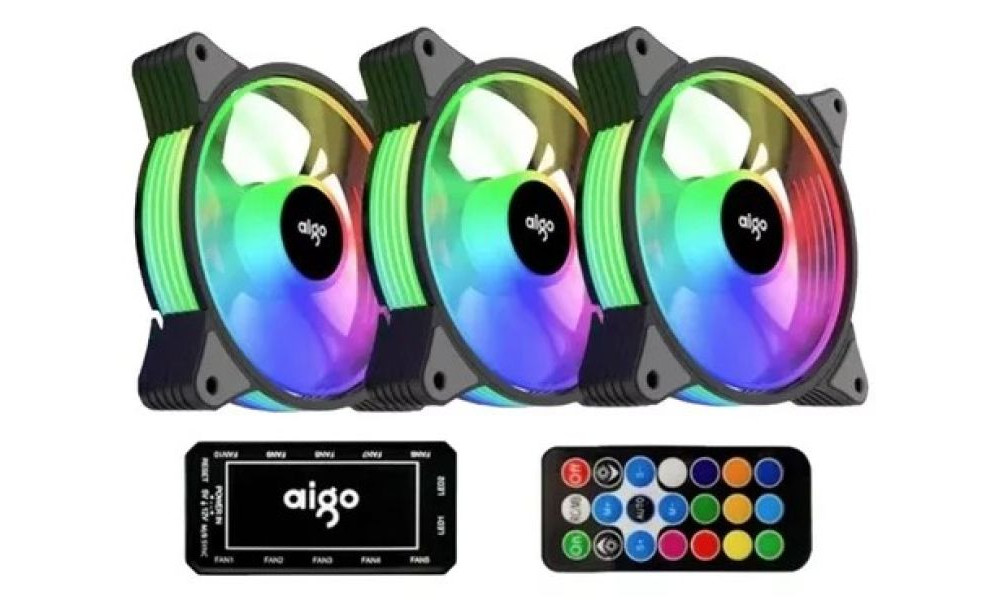 Kit Ventoinha 3x Fans Preto Aigo RGB AR12 c/ controladora