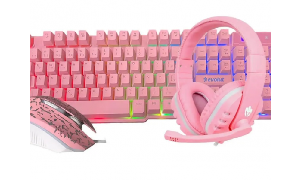 Combo Gamer Rosa Teclado, Mouse, Fone EG53 - Evolut