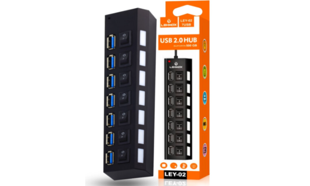 HUB USB Extensor 7 Portas 2.0 com Interruptor Lehmox-LEY-02