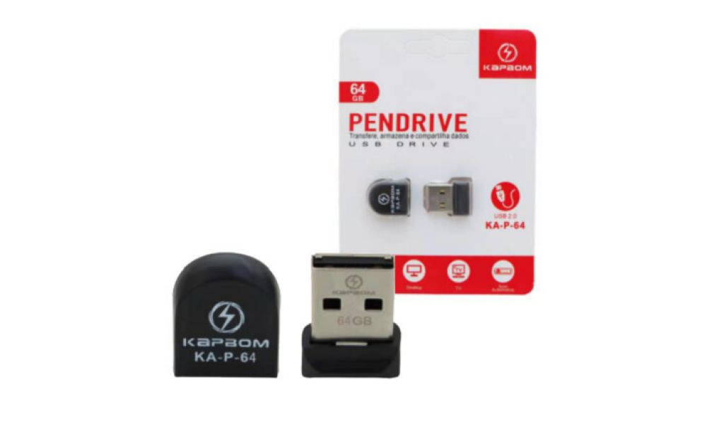 Pendrive 64GB USB 2.0 Compacto Preto Kapbom - KA-P-64