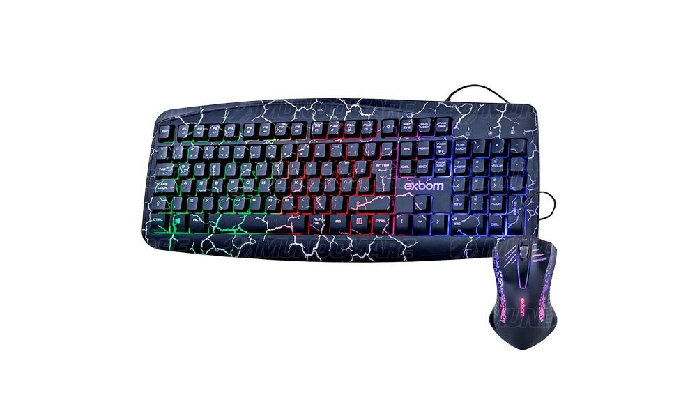 Kit Gaming Teclado com Mouse USB Iluminação LED RGB Efeito Crackeado Padrão ABNT2 Exbom BK-G600