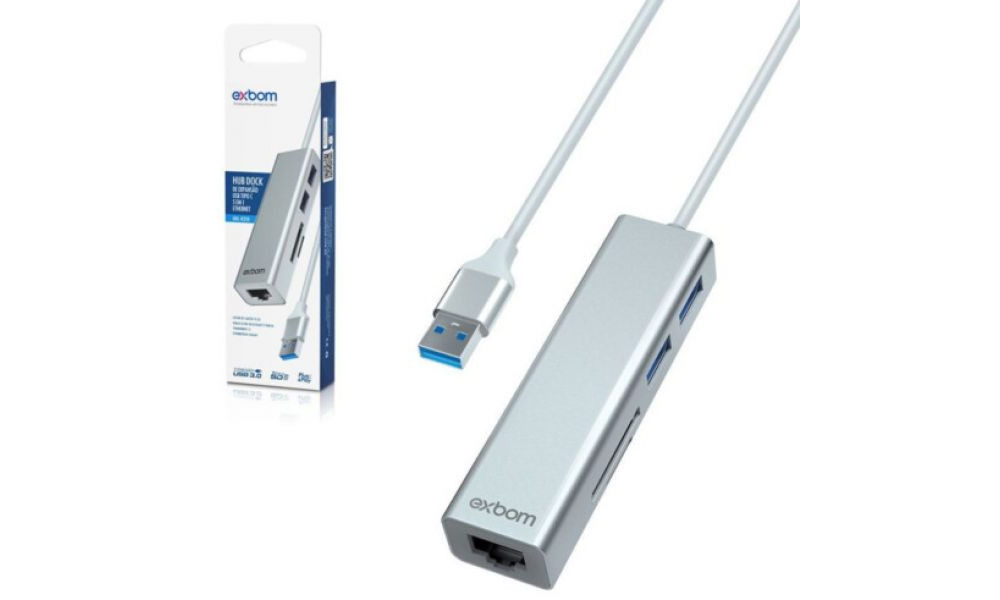 HUB ETHERNET RJ45 LAN 100/10MBPS COM 2 PORTAS USB 3.0 E LEITOR DE CARTÃO EXBOM - UHL-R350