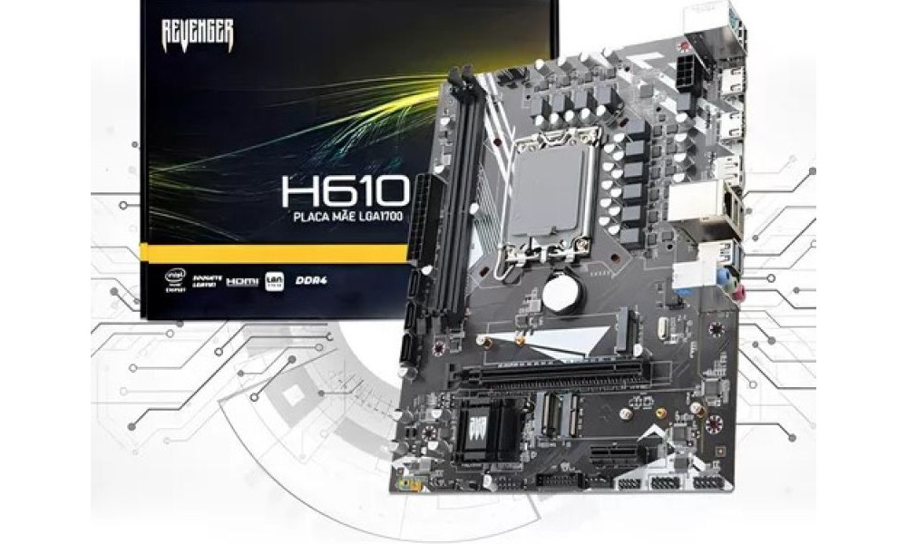 Placa Mãe Revenger Lga1700 Chipset Intel H610 Ddr4 Lan 100 64gb Usb Cor Preto