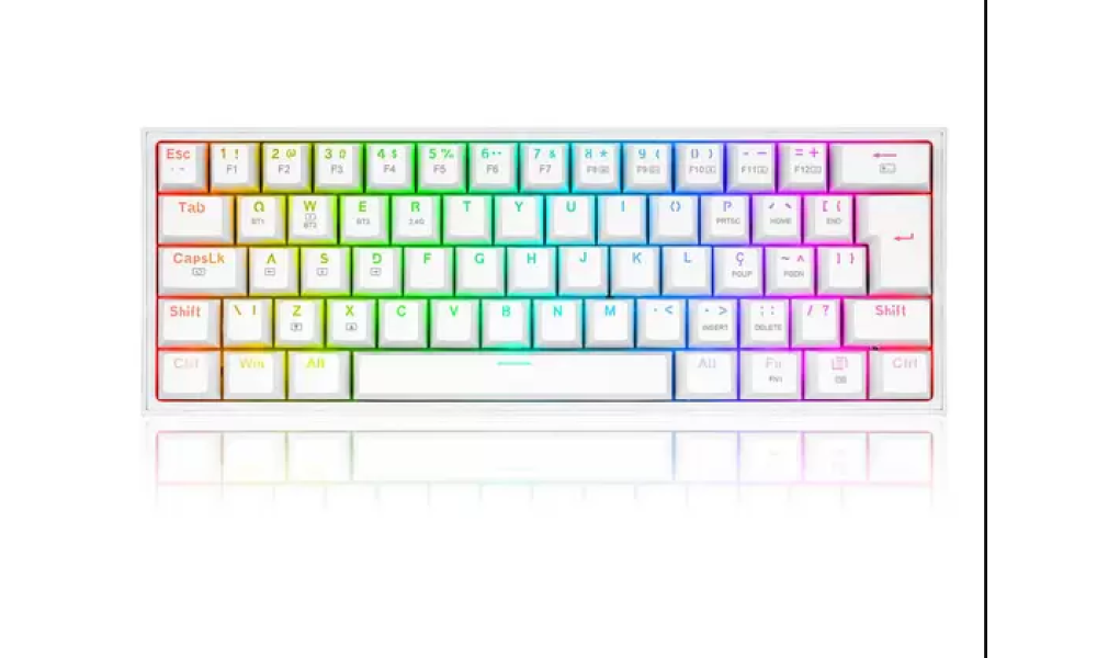 Teclado Mecânico Gamer Redragon Fizz Pro RGB Branco Switch Marrom - 2.4GHz - Bluetooth - Wired