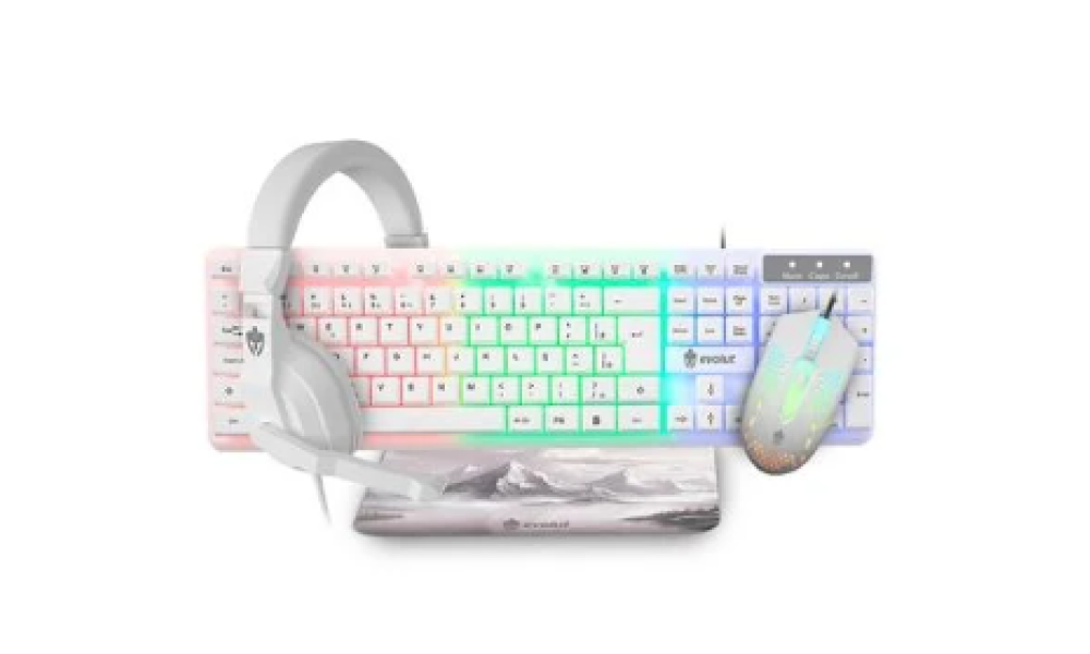 Kit Gamer Evolut Starter com Teclado, Mouse, Headset e Mousepad, LED Rainbow, ABNT2, 1600 DPI, Driver 40mm, Branco - EG55