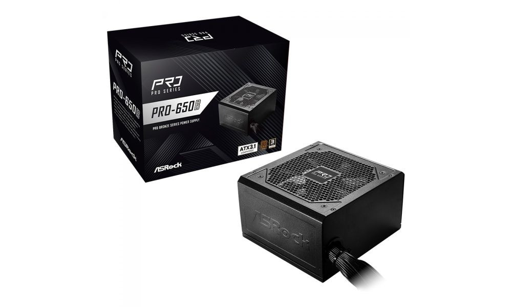 Fonte ASRock Pro, 650W, 80 Plus Bronze, ATX 3.1, PFC Ativo, Preto, PRO-650B