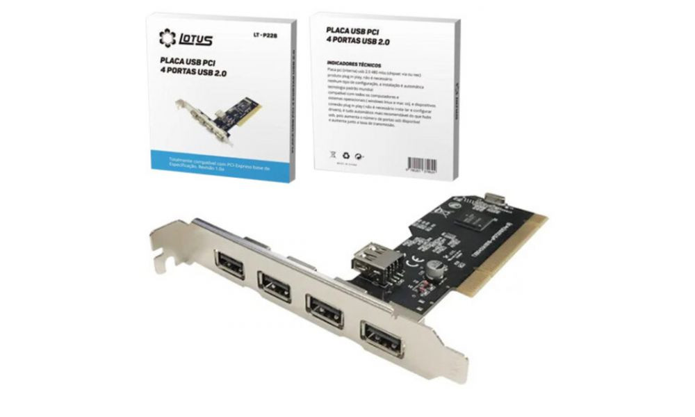 Placa PCI 4 Portas USB 2.0 para Computador Lotus - LT-P228