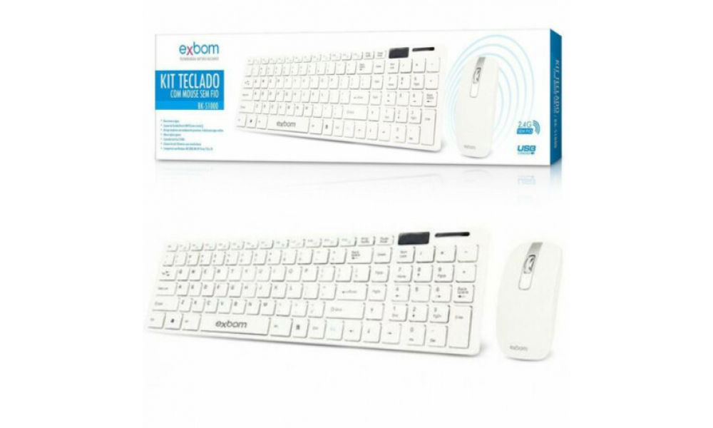 Teclado e Mouse Sem Fio ABNT2 2,4Ghz Branco Exbom - BK-S1000