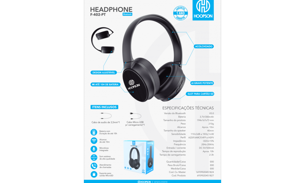 Fone de Ouvido Hoopson F-402-PT Headphone F402